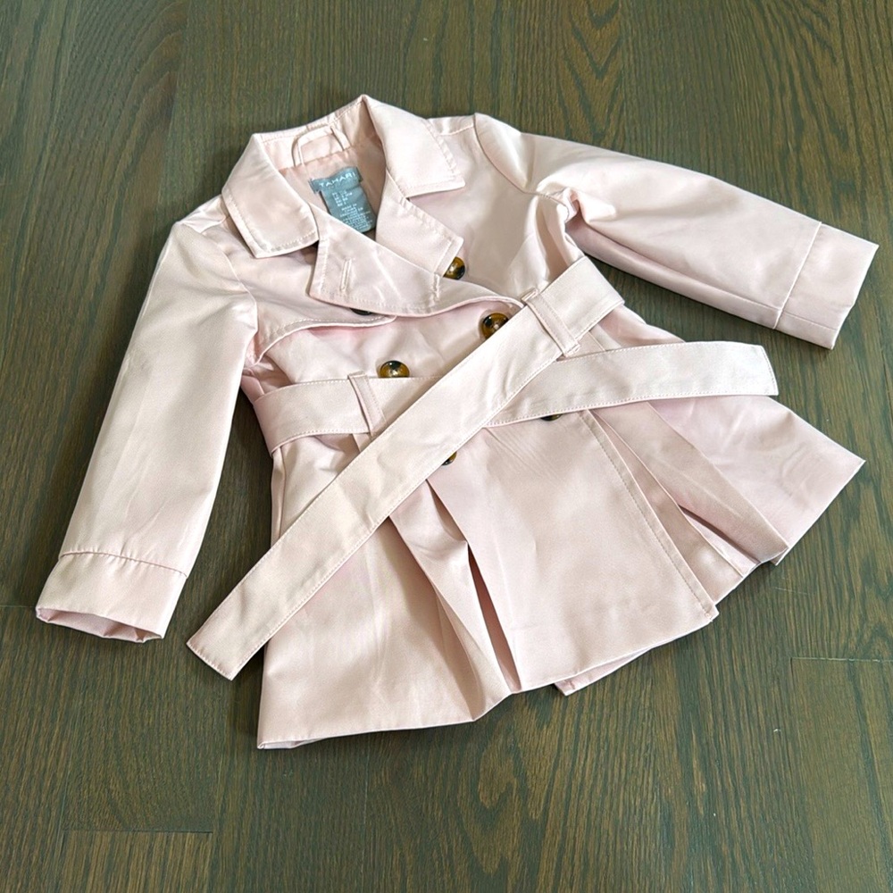 NWT Tahari Baby Girls Pink Trench Coat Belted Double-Breasted Jacket 12M
